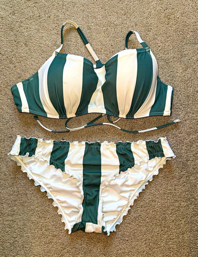 Shade & Shore Women’s Two Piece Green and White Striped Tie Back Bikini Set