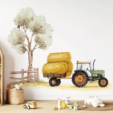 Farm Tractor Wall Decal Set | Tractor And Hay Trailer Sticker
