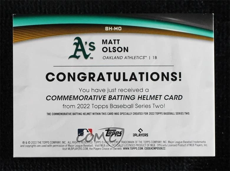 2022 Topps Series 2 Batting Helmet Commemorative Relics Matt Olson #BH-MO - Image 2 of 2