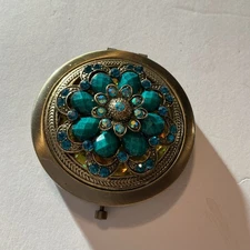 Faux Turquoise And Crystals Round Compact Mirror Brass Tone