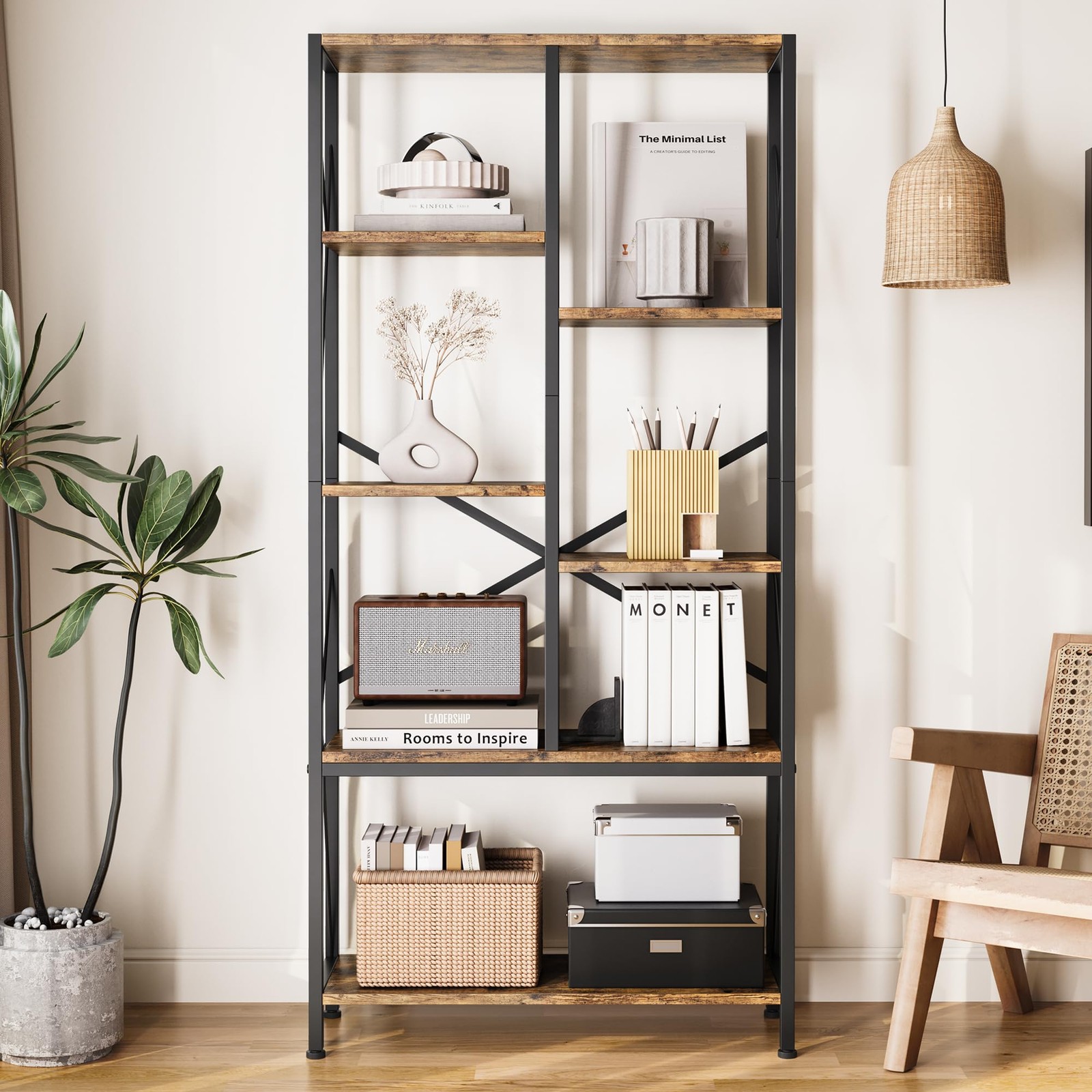 Adjustable 6 Tier Open Bookcase Rustic Farmhouse Industrial 