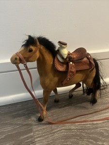 Vtg Miniature Horse With Saddle Western Tooled Leather Model Toy Felt