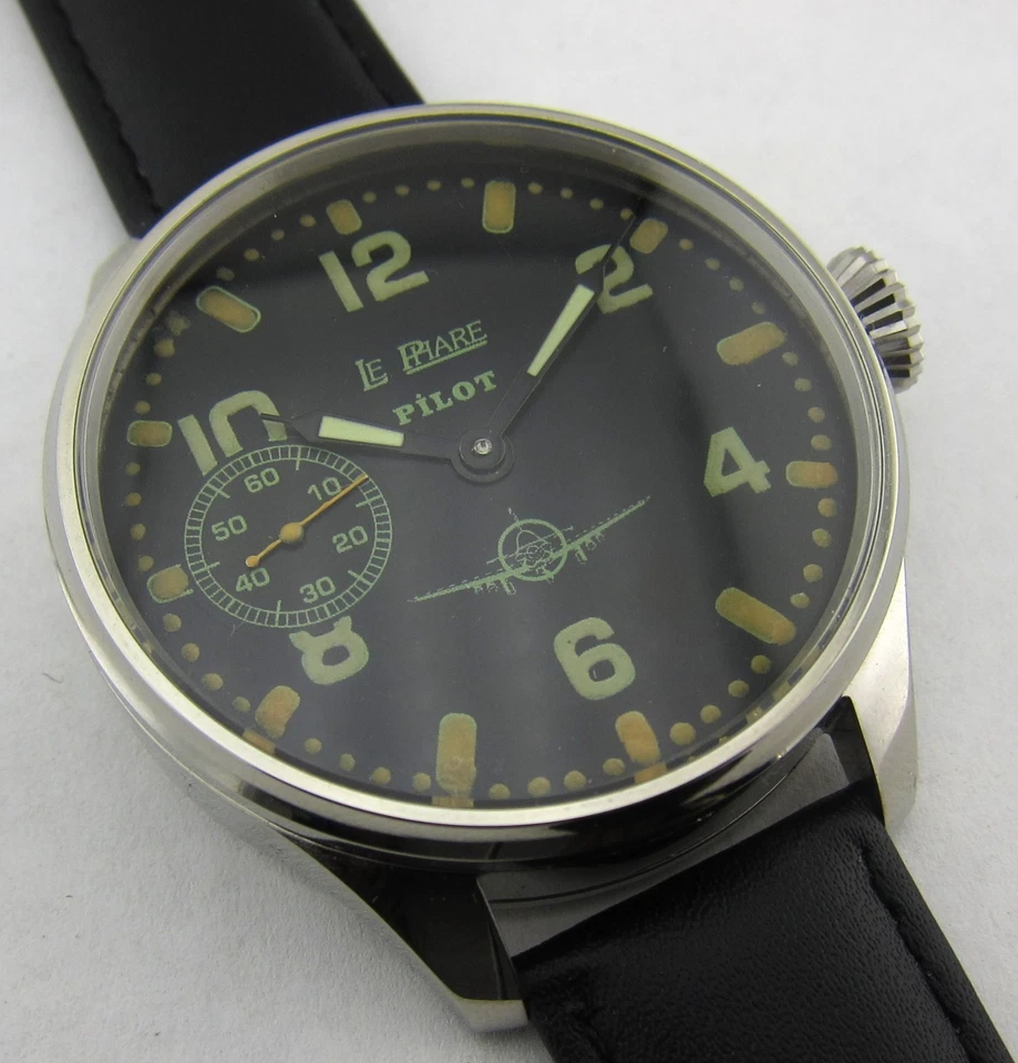 Genial reloj de pulsera suizo grande LE PHARE piloto militar estilo 2WW, caja de acero 48 mm Foto 4 de 4