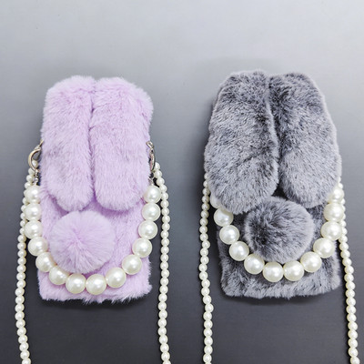 For Moto Case Faux Rabbit Fur Fluffy Soft Warm Women Case + Long Pearls Lanyard