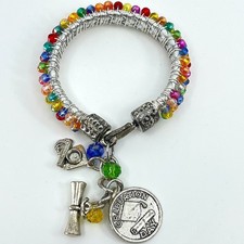 Vintage Rainbow Beaded Graduation Day Charm Bracelet Silver Tone Multi-Color