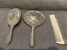 Antique Ornate Silver Plated Handheld Mirror ,Brush Comb Set Heavy 2lb 3oz 1
