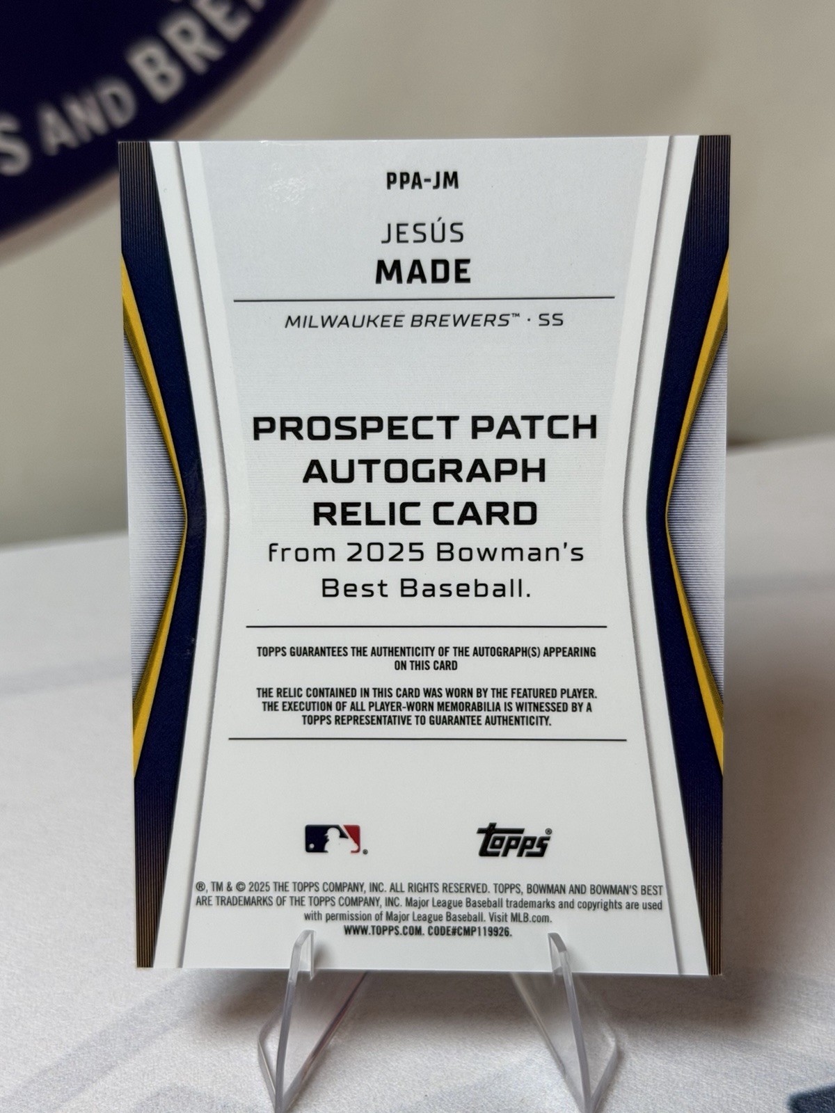 2025 Bowman’s Best Prospect Patch Auto Jesus Made #09/50 Brewers 3 Color view 2