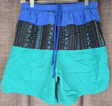 Vtg Fast Breakers Men M Swim Trunks 5" Nylon Liner Teal Blue Tribal Shorts Aztec