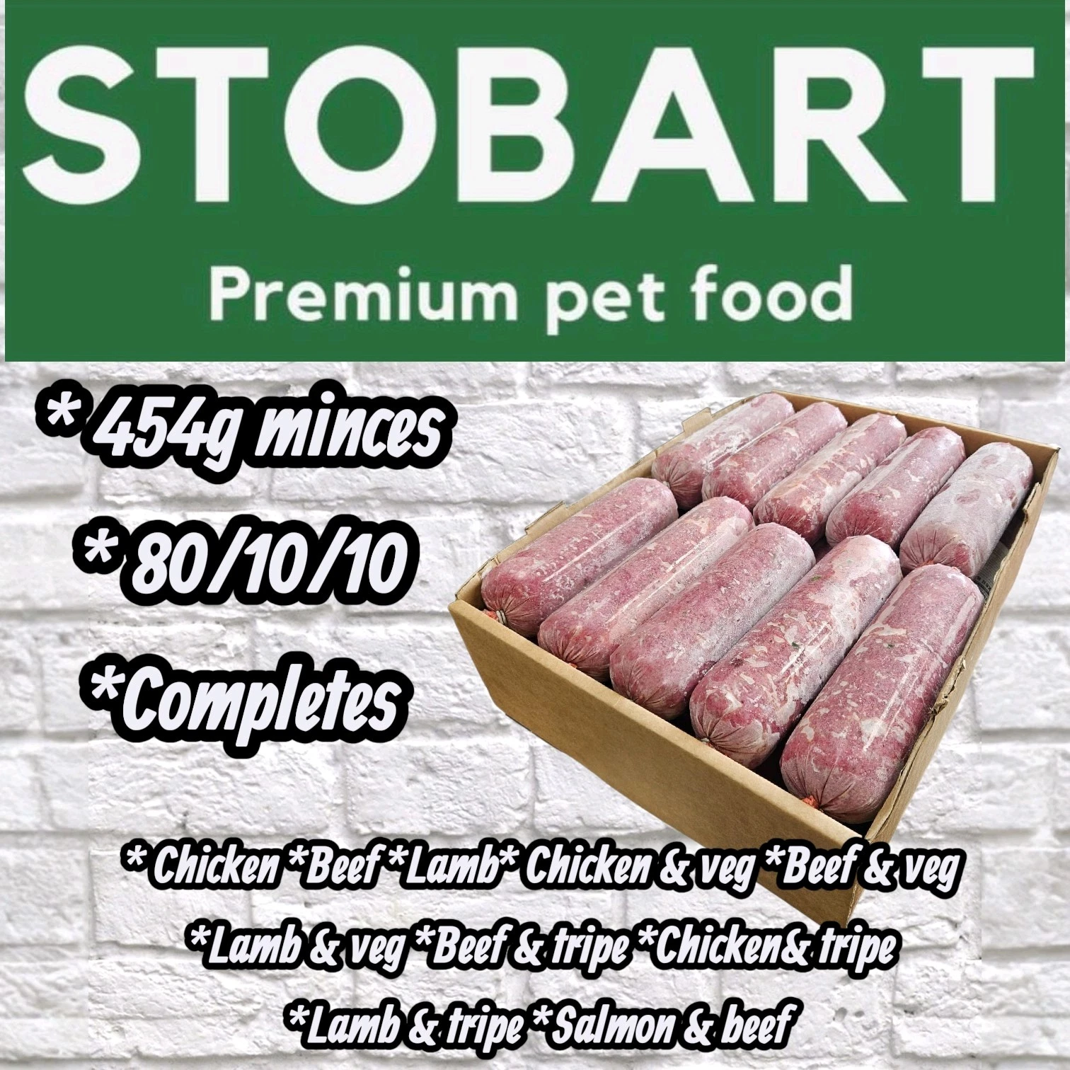 Pack of 20 Stobarts raw frozen dog food chubs 80/10/10 completes 454 Chubs Barf