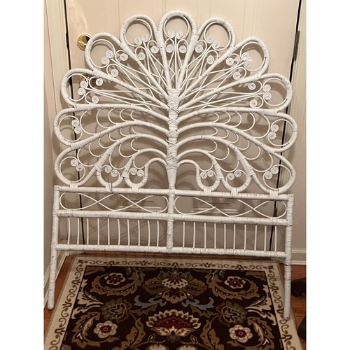 Twin Wicker Rattan Peacock Headboard Bohemian White Vtg Shabby Cottage Boho