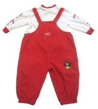Vintage OshKosh B'gosh Red Corduroy Overalls w Penguin Shirt 24 month EUC