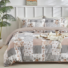 King Size Duvet Cover Set, Patchwork Floral 3 Pieces Reversible Grey Duvet Cover