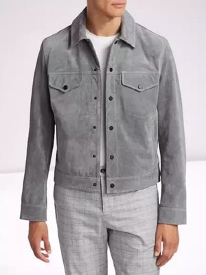 Gray Trucker Real Suede Leather Jacket For Men