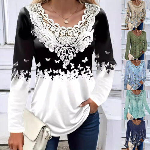 Womens Long Sleeve Print Pullover Casual Round Neck Lace T-shirts Ladies Top Tee
