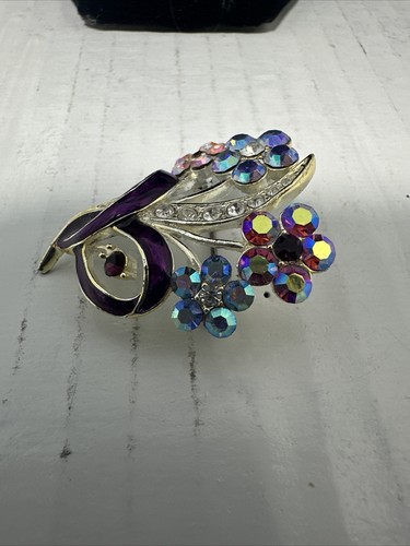 Vintage Emaille Brosche Anstecknadel silberfarben Strass Blume 4,4 cm - Bild 2 von 5