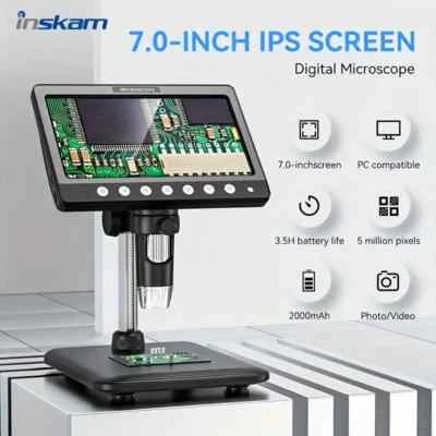INSKAM 7" IPS Screen Digital Microscope 5MP 1200X Photo & Video Microscope 8 LED Lights