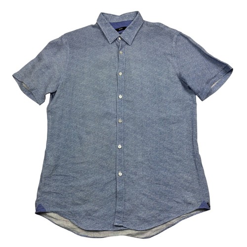 Hugo Boss Men's Slim Fit Stretch Pure Linen Shirt Size L Blue Short Sleeve