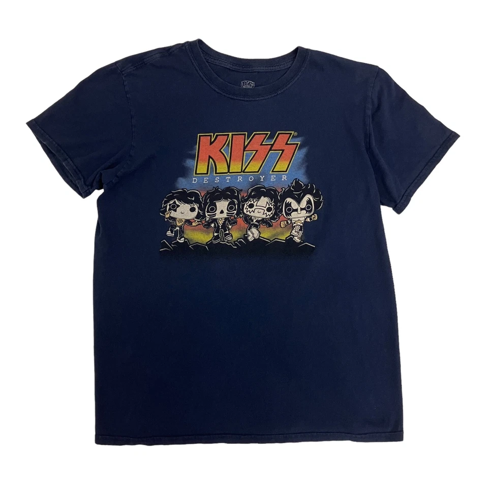 KISS POP T-Shirt Navy Blue Mens S Cotton Short Sleeve Glam Rock Band Music