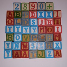 47 Vintage Wooden Children's Blocks - Numbers Letters Drawings