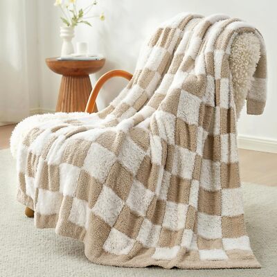Snuggle Sac Checkered Throw Blanket Faux Fur Microfiber Blankets for Couch,Cozy 