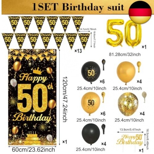 50 Geburtstagsdeko Set - Schwarz Und Gold Geburtstag Ballons, 50 Happy Birthday - Bild 3 von 14
