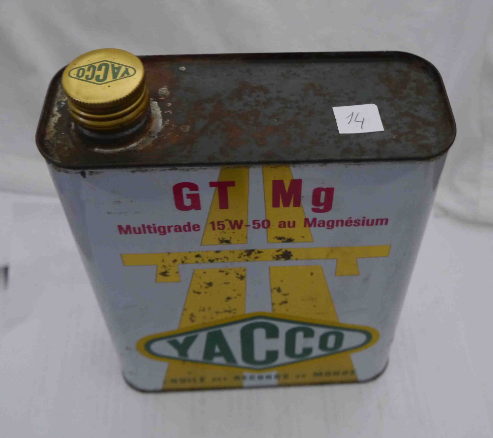 Huile Yacco GT-Mg 15W50 ancien bidon de collection scellé en métal lithographié