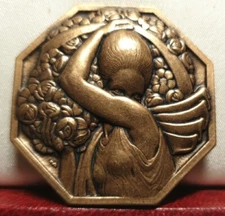 ART DECO BRONZE medal PLAQUE by TURIN WOMAN WITH FLOWERS PRIZE 39mm