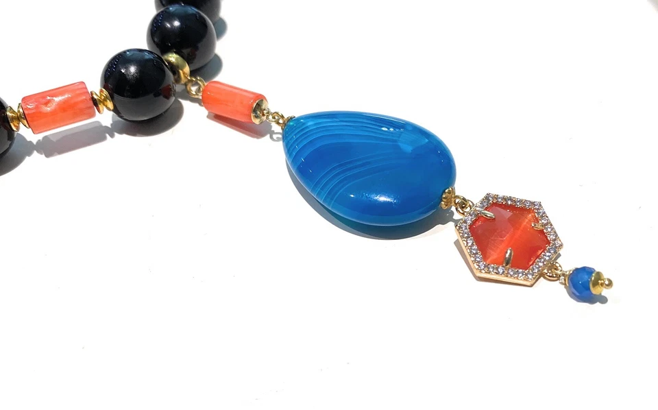 Collana Choker Onice liscio Pendente Agata Goccia Blu Corallo bamboo Arancio - Immagine 2 di 4