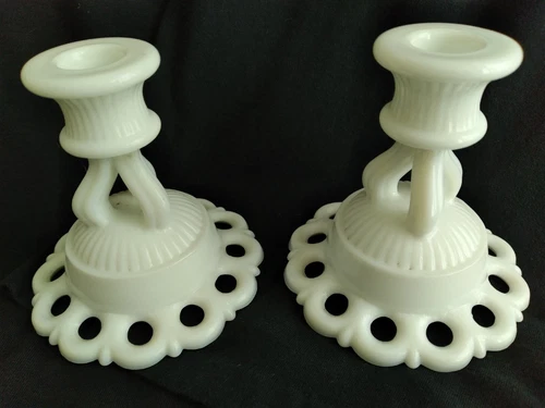 Two (2) Vintage WESTMORELAND White Milk Glass “Doric Lace” Candle Holders