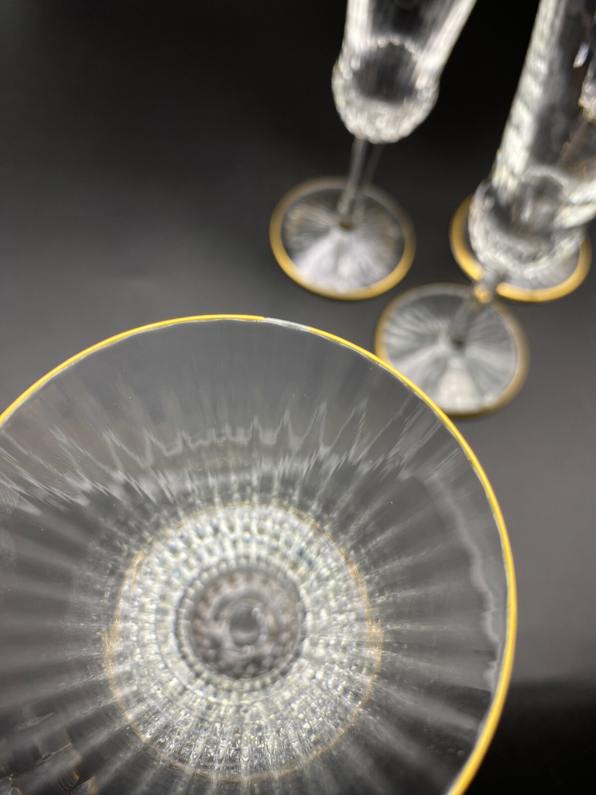 St Louis Apollo Gold 7 3/8" Fluted Champagne Glasses from France: Lot of 4