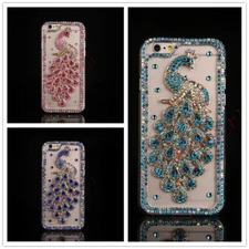 Bling Peacock Glitter Diamond Women Rubber Shockproof Back Phone Case Hand Strap