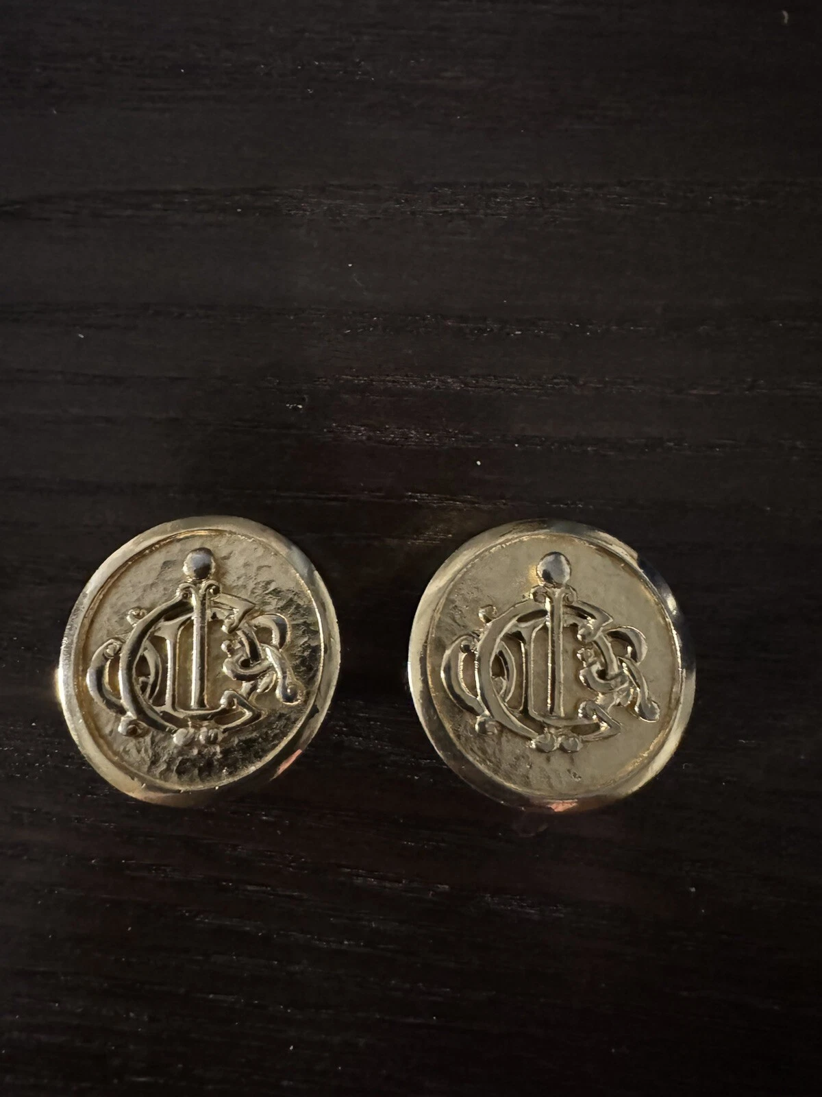 Boucles d'oreilles vintage monogramme or initiales écusson logo clip rare !