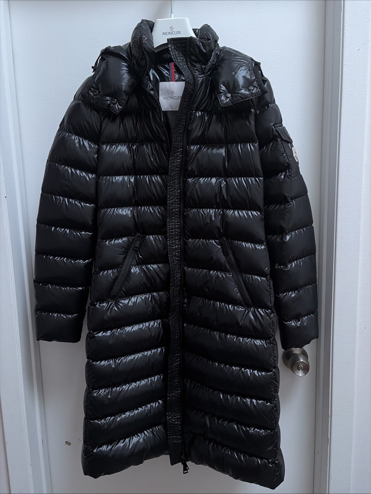 Moncler Moka Puffer Coat Down Jacket Long Hooded New 1 Black Women’s Shiny NWOT thumbnail 2