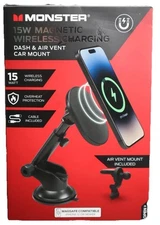 Monster 15W Magnetic Wireless Charging Dash &Air Vent Car Mount Brand New In Box