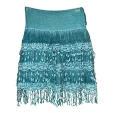 Y2K Boho Tiered Hand-Dyed Fringe Skirt Italy Made – Turquoise – Small