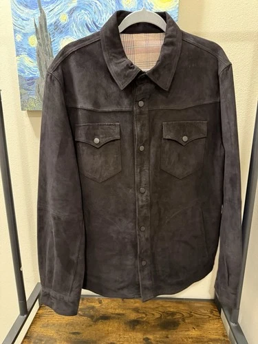 Overland Men's black suede Shirt Jacket Plaid Lined , size L, genuine leather  - product listing photo