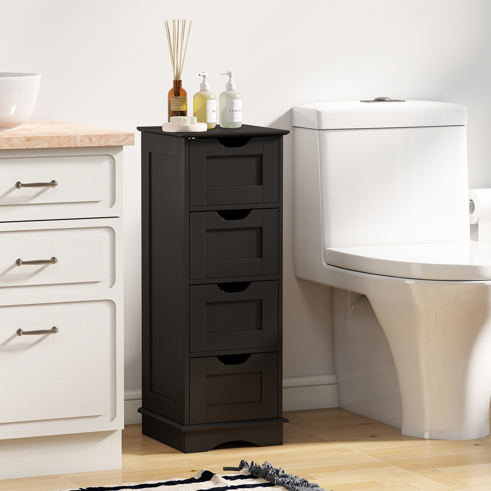 Cupboard Bathroom Floor Cabinet-Black Freestanding Narrow Storage