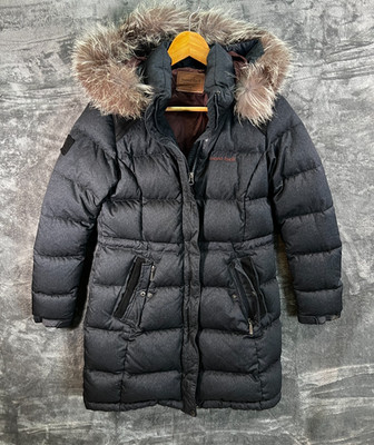 Montbell Damen langer Daunenmantel S 90 Fellkapuze schwarz Steppjacke