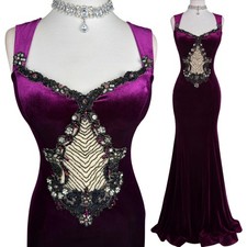 Vintage Purple Velvet Mermaid Gown, Beaded Sheer Illusion Cutout Dress, Gothic
