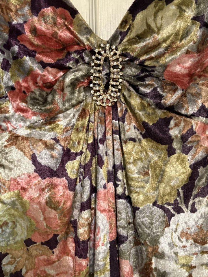 Maxi Vestido Vintage Años 60 70 Lane Bryant Alto Mod Hippie Glam Floral Terciopelo Talla 14 Foto 3 de 4