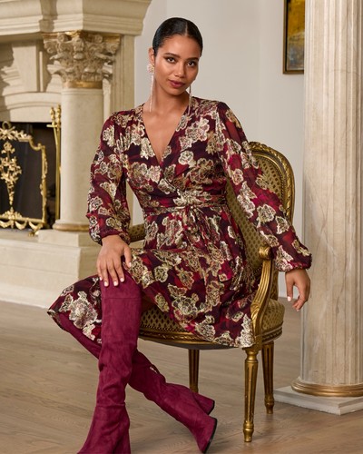NWT! Boston Proper Rose Print Metallic Foil Wrap Dress Sz Small. Holiday Formal