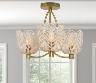 Isla 18.5 in. 3-Light Gold Semi- Flush Mount with Bell-Shaped Rattan Shades