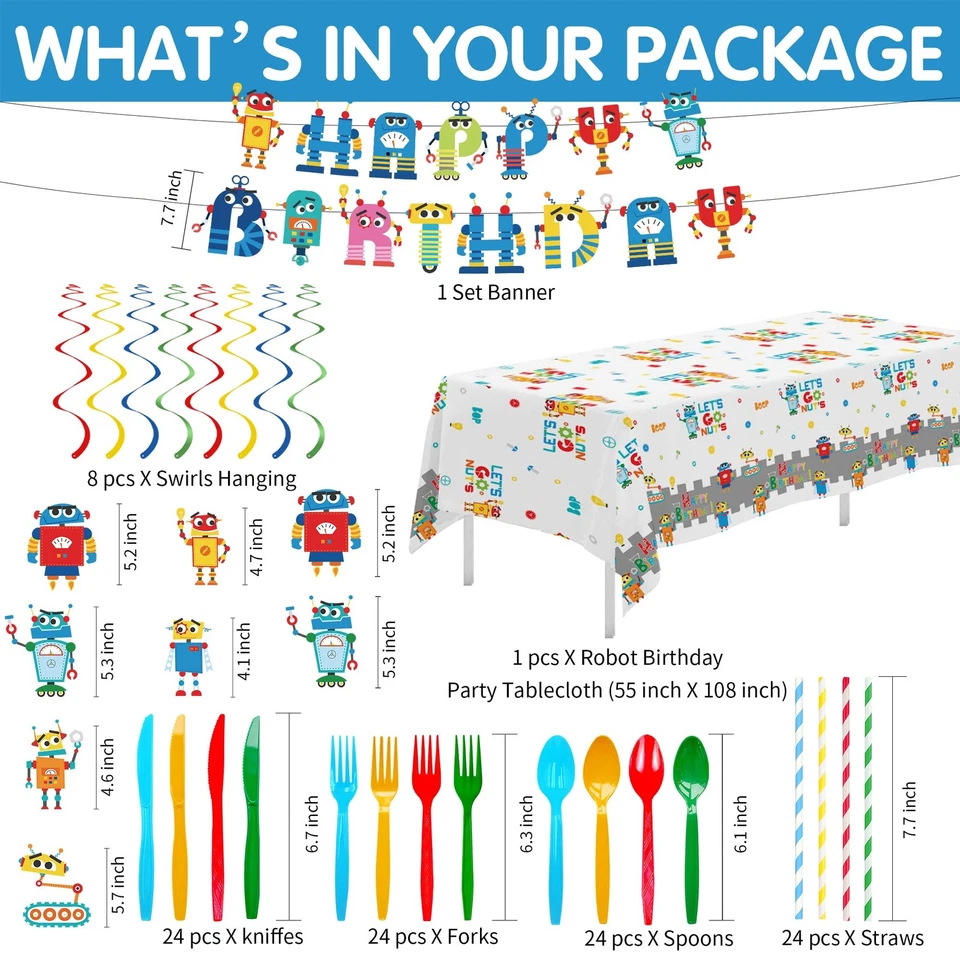 Juego de suministros de fiesta de cumpleaños robot - decoraciones, platos, tazas, servilletas, pancarta Foto 3 de 4