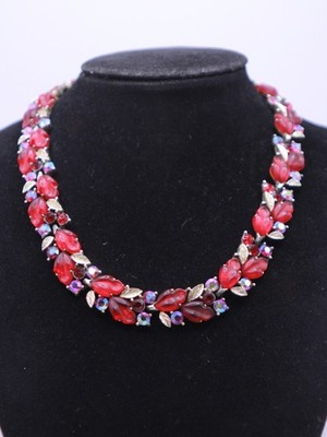 Vintage Lisner Red Oak Leaf Thermoset Rhinestone necklace 16 