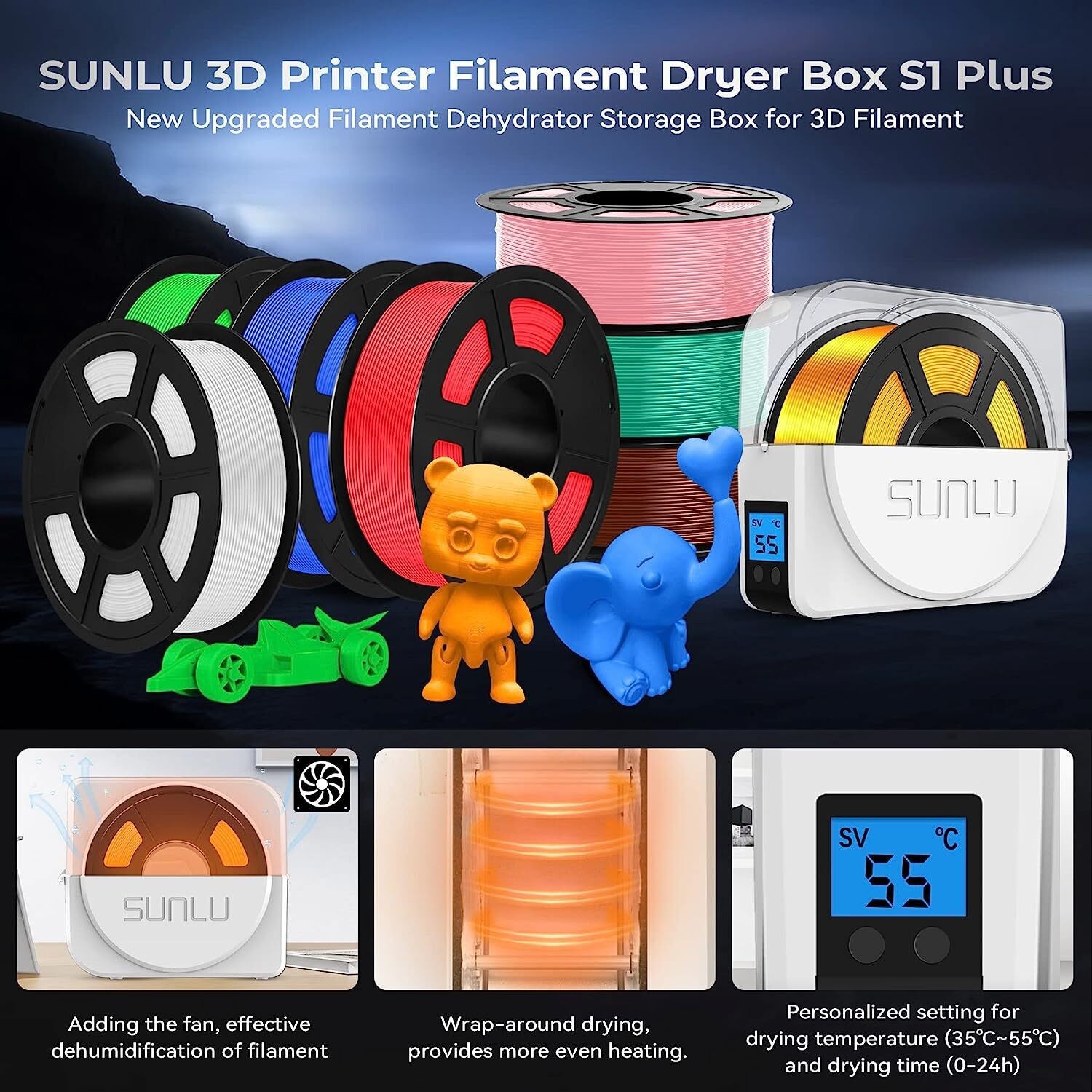SUNLU S1 PLUS 3D Printer Filament Dryer with Fan Moisture-free Dryer Box Timer