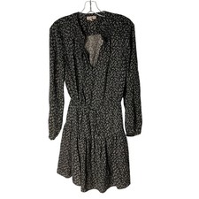 Rebecca Taylor Silk Tiered Mini Dress Black White Leaf Feminine Print Size 6