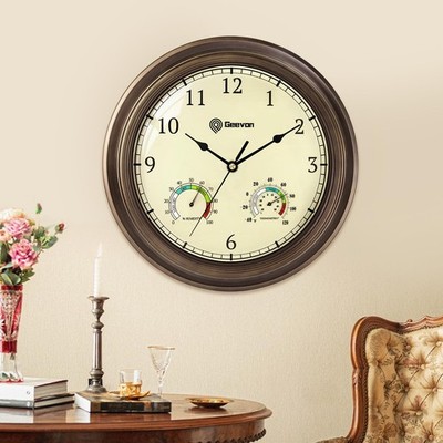 16'' Vintage Wall Clock Non Ticking with Hygrometer and Thermometer Combo,Batt...