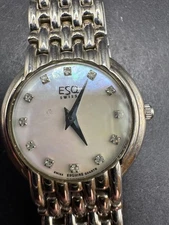 ESQ Swiss Quartz Watch Women MOP Dial Silver Tone Round Diamond Marker 21.3mm