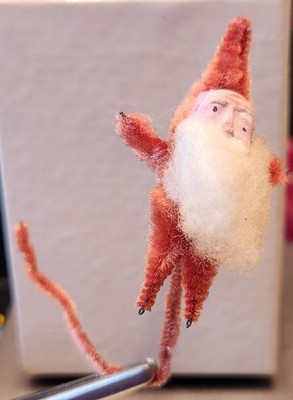 Antique Red Chenille Pipe Cleaner Santa. Hand Painted Clay Face. Tiny - under 2''