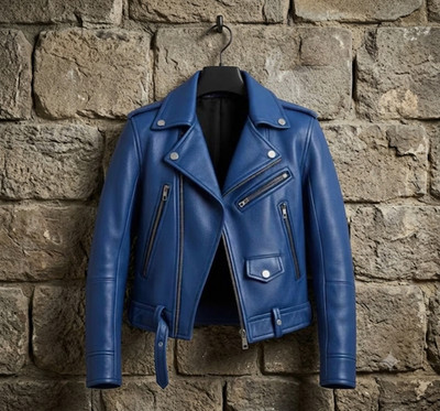 Mens Handmade Blue Genuine Leather Biker Jacket | Custom Fit Motorcycle Zip Coat